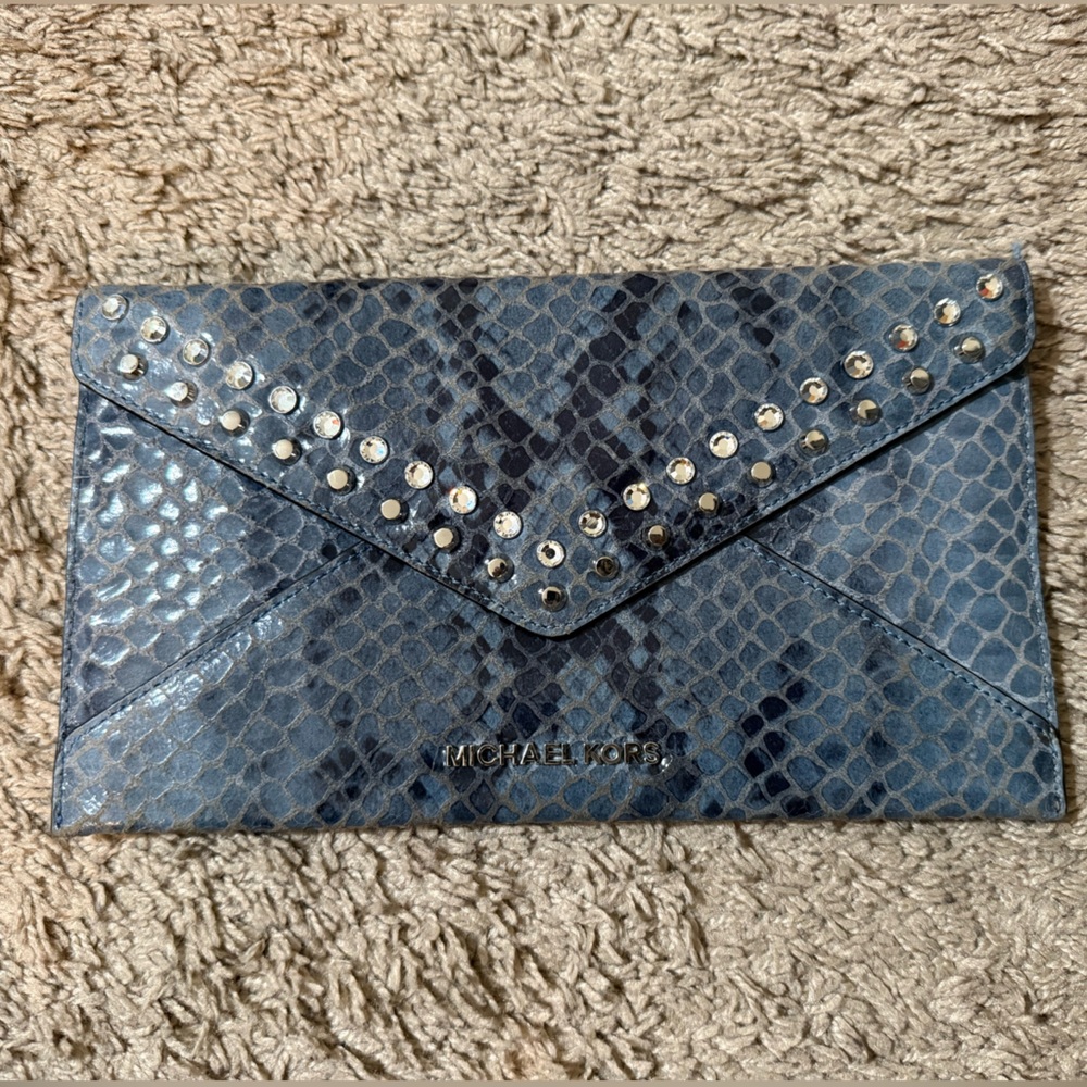Michael Kors Studded Blue Snake Pattern Clutch